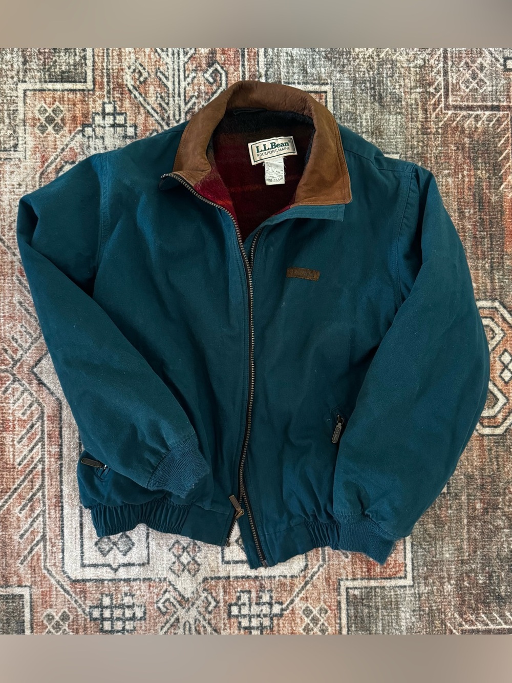 Vtg LL Bean Wool Flannel Lined Canvas Bomber Jacket Large Full Zip Leather Trim